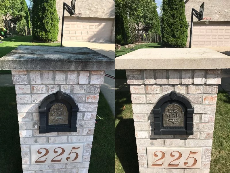before and after concrete mailbox with brown house and garage door