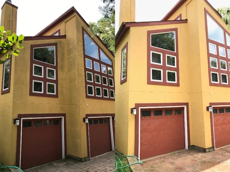yellow house with red frame before and after cleaning